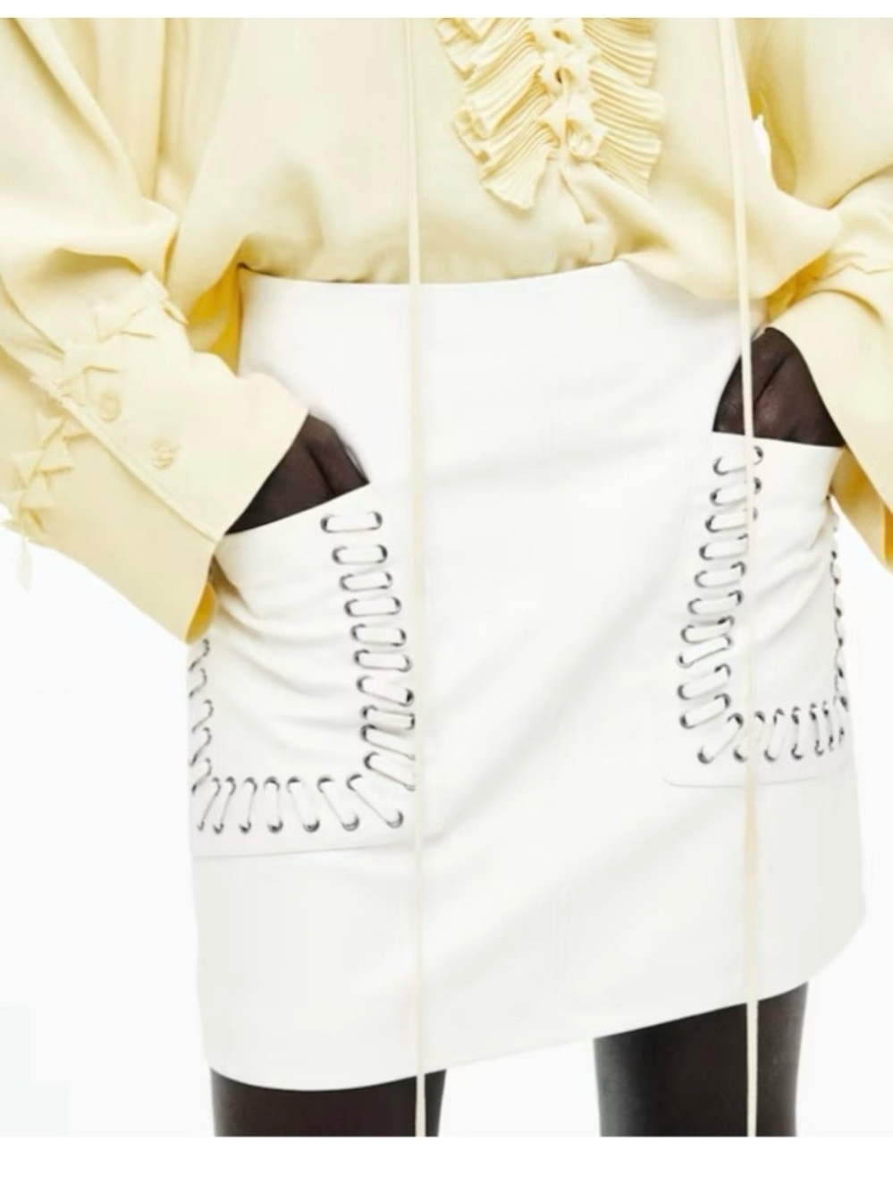 H & M Edition Coated Faux Leather Mini Skirt Lace-Up Pocket Cream 8